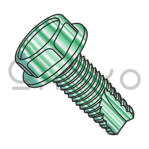 10-32X3/8 Unslot Ind Hex Washer Thread Cutting Screw Type 23 Full Thread Zinc Green Bake