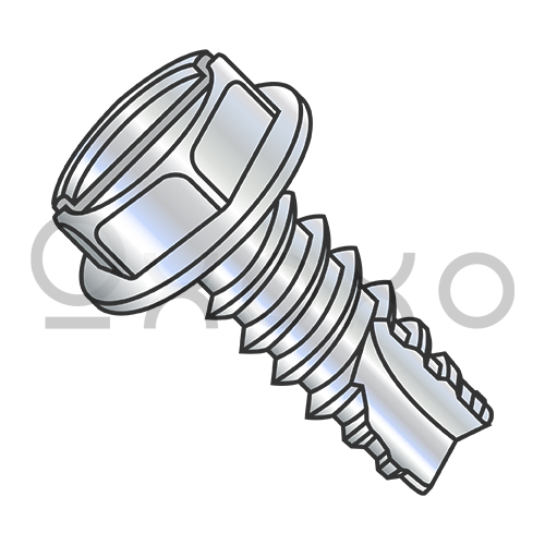 4-24X1/4 Slotted Indented Hex Washer Thread Cutting Screw Type 25 Full Threaded Zinc Bake