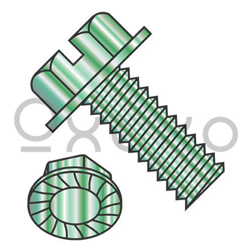 8-32X1/4  Slot Ind Hex Washer Hd Serrated Grounding  Machine Screw Full Thread Zinc Green